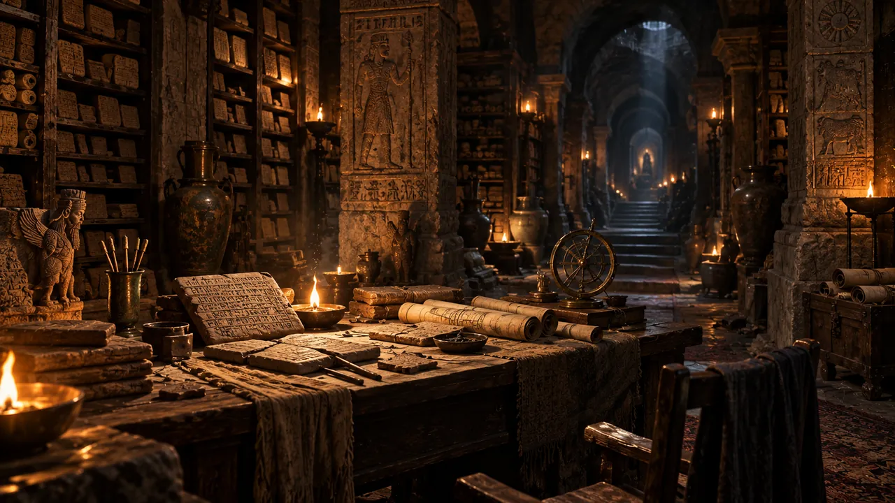 A Bronze Age subterranean archive of inscribed tablets, scrolls and carved stone under firelight.