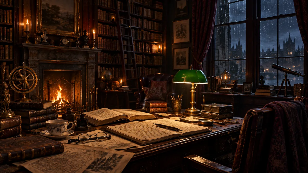 A Victorian scholar's library with handwritten manuscripts, books, a brass lamp and a fire on a rainy night.