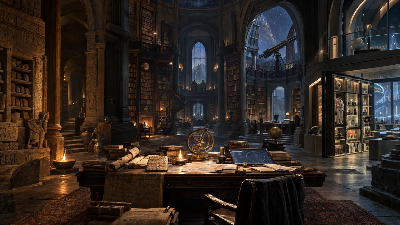A vast, timeless archive joining ancient collections, a scholar's library and a modern observatory under warm lamplight.