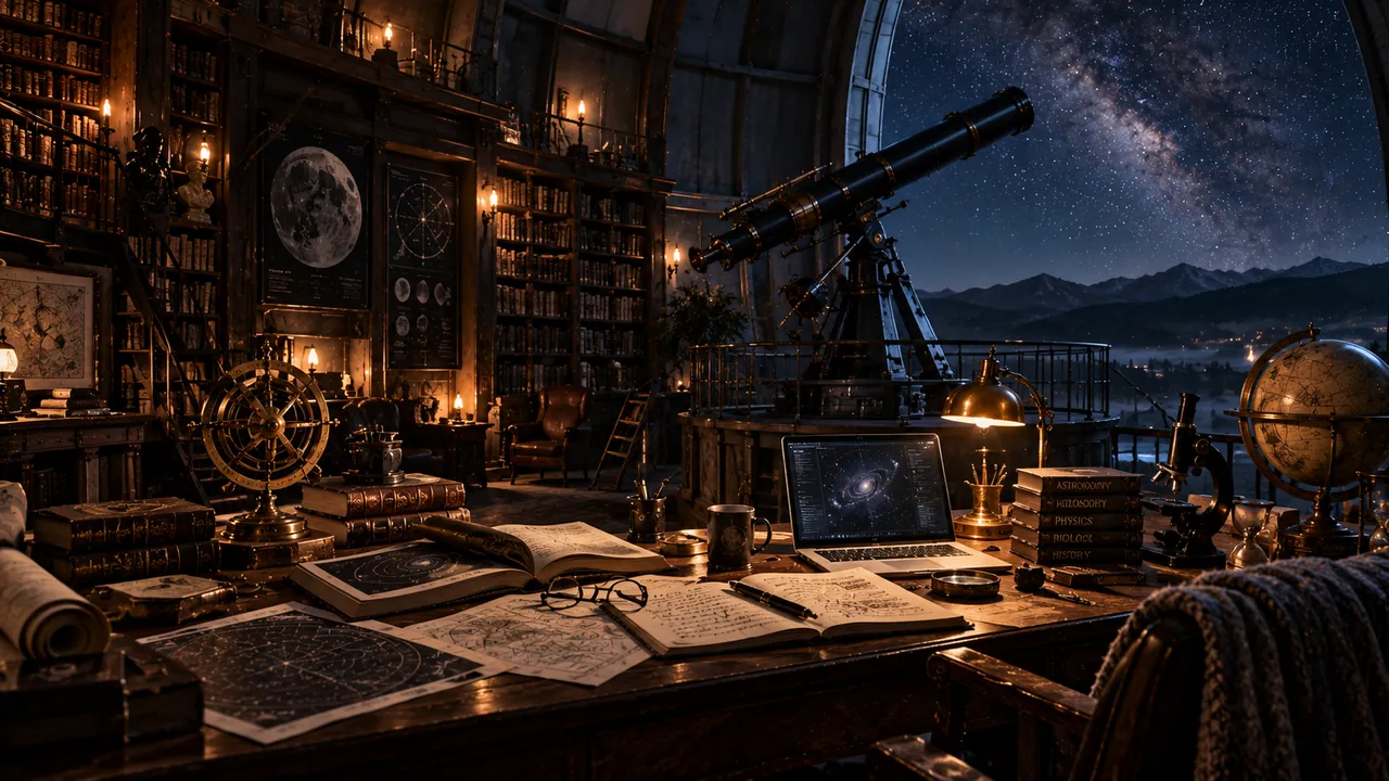 A modern observatory-library with a telescope, research desk and the Milky Way beyond its open dome.